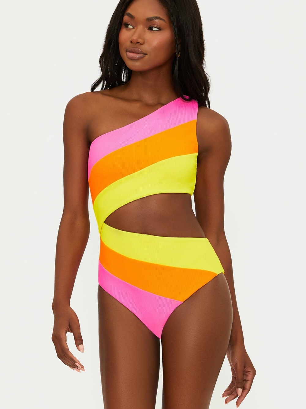 Beach Riot One-Shoulder Cutout One-Piece Swimsuit in Neon Pink, Orange, Yellow